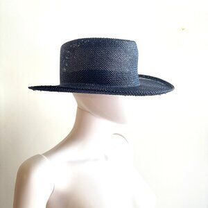 Vintage KP Navy Blue Straw Wide Brim Fedora Hat L